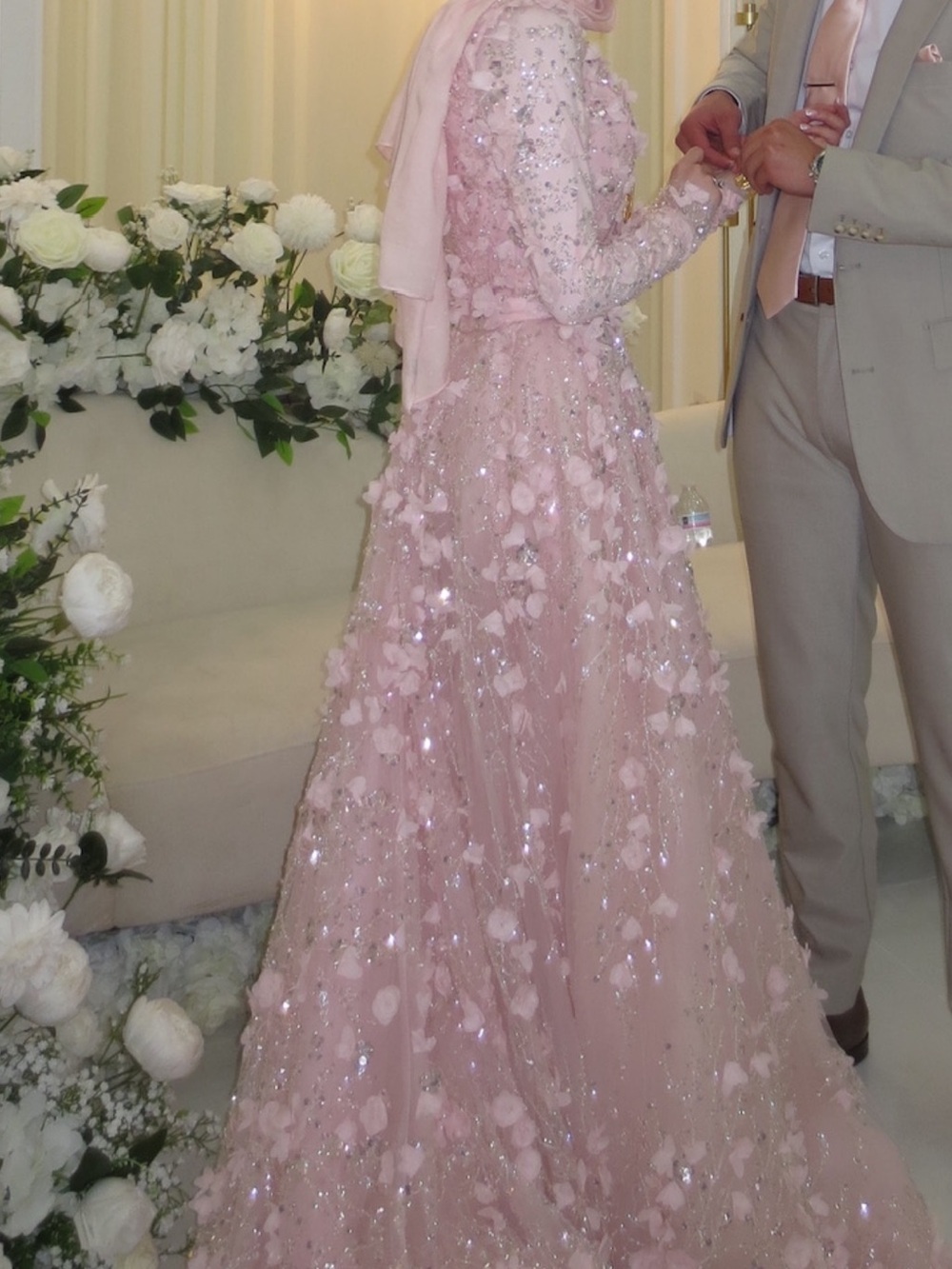 Teuta Matoshi Blush Pink 3D Floral Long Sleeve Gown - Picture 4 of 12